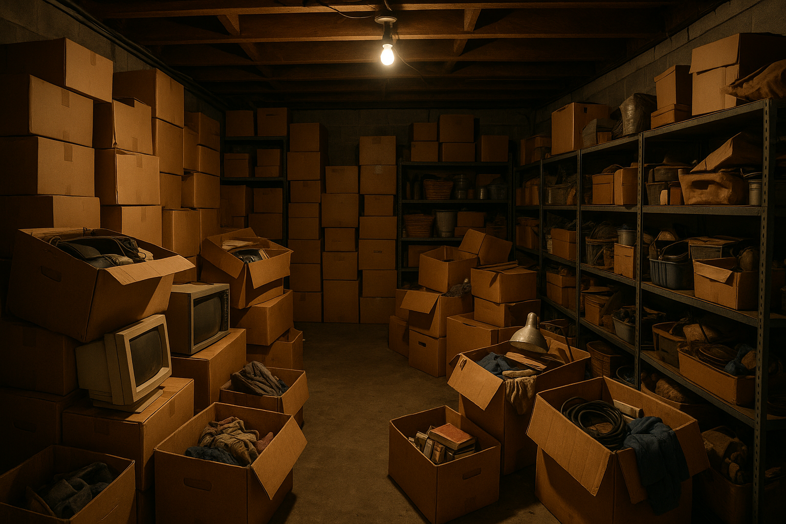 a garage full of boxes overflowing with stuff